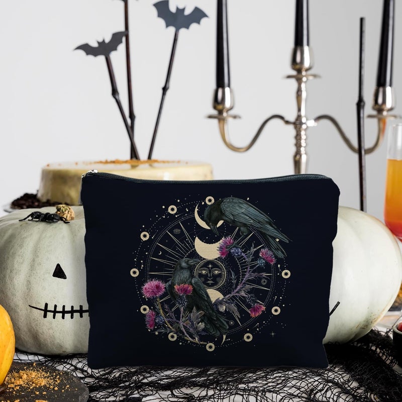RYYCDOI Goth Raven Makeup Bag, Celestial Sun and Moon Phase Witchy Makeup Bag for Women, Witch Stuff, Halloween Black Crow Floral Cosmetic Bag Toiletry Bag for Women, Black - Image 3